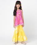 Marigold Magic Girls Pink Embroidered Kurta With Sharara Set