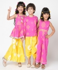 Marigold Magic Girls Pink Embroidered Kurta With Sharara Set