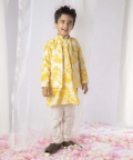 Yellow White Floral Kurta Nehru Jacket Set
