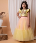 Yellow And Peach Mirror Floral Embroidered Ghaghra Set