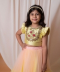 Yellow And Peach Mirror Floral Embroidered Ghaghra Set
