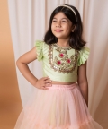 Green And Peach Mirror Floral Embroidered Ghaghra Set