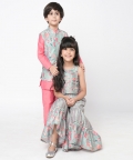 Golden Weaves Pink Kurta With Pant And Jacket Set