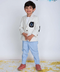 White And Black Stripe Suit Blazer With Patch Pocket And Motiff Teamed With Sky Blue Pants