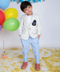 White And Black Stripe Suit Blazer With Patch Pocket And Motiff Teamed With Sky Blue Pants