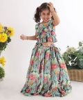 Floral Top In Layered Frills With Lehenga In Printed Muslin