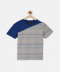 Grey Colourblocked Striped Mercerised Cotton T-Shirt