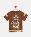 Boys Brown Sailboat Printed Round Neck Cotton T-Shirt