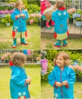 Blue Polka Dots Owl Knee Length Raincoat For Kids