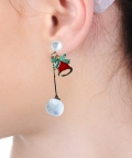 Christmas Earrings,White Pompom Hanging With Bells