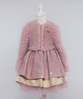 Girl Star Printed Fabric Layered Tulle Dress With Artificial Fur