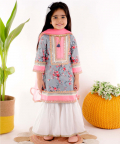 Grey Printed Kurti With Sharara And Peach Dupatta