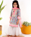 Grey Printed Kurti With Sharara And Peach Dupatta
