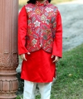 Jacket With Rusty Red Kurta And Pyjama