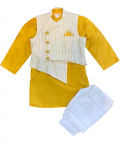 Stripped Asymmetric Jacket With Mustard Yellow Kurta And Pyjama