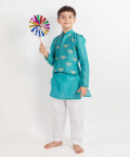Teal Blue Embroidered Kurta-Jacket Set