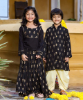 Black Gold Print Top With Gold Print Skirt