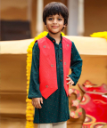 Bottle Green Kurta Churidar With Red Floral Jacket