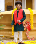 Bottle Green Kurta Churidar With Red Floral Jacket