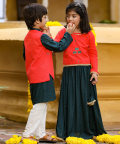 Bottle Green Kurta Churidar With Red Floral Jacket