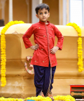 Rust Handembroidered Kurta With Blue Print Dhoti