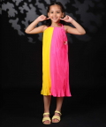 Yellow And Mithai Pink Pleated Georgette Dress 