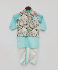 Off White Print Jacket With Blue Kurta And Dhoti