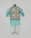 Off White Print Jacket With Blue Kurta And Dhoti