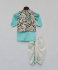 Off White Print Jacket With Blue Kurta And Dhoti