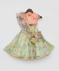 Peach Choli with Green Printed Organza Lehenga and Dupatta
