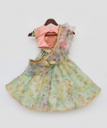 Peach Choli with Green Printed Organza Lehenga and Dupatta