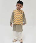 Grey Kurta And Chevron Print Jacket With Pant