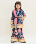 Blue Velvet Printed Kurti Sharara Set