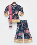 Blue Velvet Printed Kurti Sharara Set