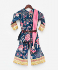 Blue Velvet Printed Kurti Sharara Set