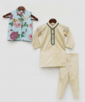 Light Fawn Kurta Pant With Blue Floral Print Jacket