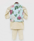 Light Fawn Kurta Pant With Blue Floral Print Jacket