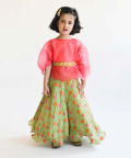 Green Georgette Lehenga With Pink Top And Organza Cape