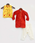 Red Bandhej Kurta With Yellow Embroidery Jacket And Salwar