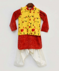 Red Bandhej Kurta With Yellow Embroidery Jacket And Salwar