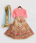 Pink Silk Flower Boti Choli With Embroidery Lehenga And Dupatta