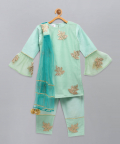 Leaf Embroidered Kurta Pants With Embroidered Net Dupatta