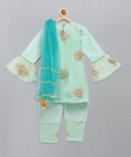 Leaf Embroidered Kurta Pants With Embroidered Net Dupatta