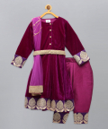 Purple Velvet Embroidered Anarkali Pants With Net Dupatta