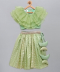 Lime Green Organza Ruffled Blouse With Cotton Zari Lehnga