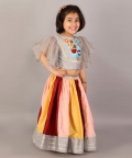 Grey Embroidered Blouse With Multicolored Lehnga