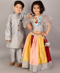 Grey Embroidered Blouse With Multicolored Lehnga
