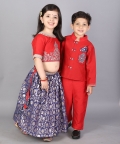 Red And Blue Zari Embroidery Lehnga Set