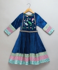 Blue Velvet Embroidered Anarkali Pants With Net Dupatta