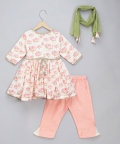 Offwhite Peach Lotus Print Kurta Set
